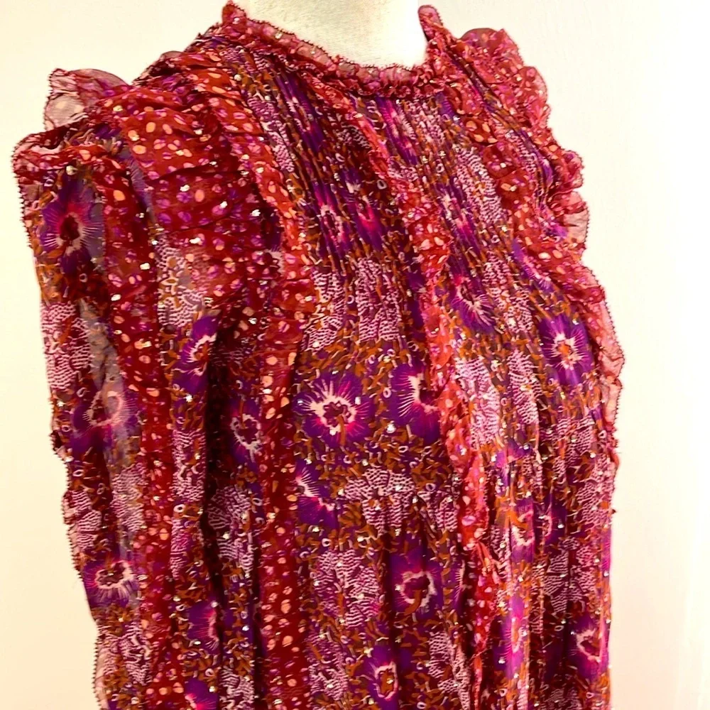 Ulla Johnson Girls Silk Lurex Dress XS - Red Floral Ruffle Boho Fall